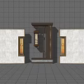 Modern Feature Wall with Dark Tile Background Central Door Side Wall Lamps and White Walls