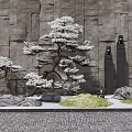 Traditional Stone Feature Wall With Snowy Pine Tree Rocks Grass And Lantern 3d model
