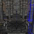 Ancient Stone Temple Chamber with Tall Columns Steps and Burning Torches