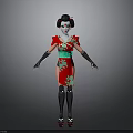 Woman in Red and Green Traditional Kimono with Black Arm Sleeves and Hair Accessory