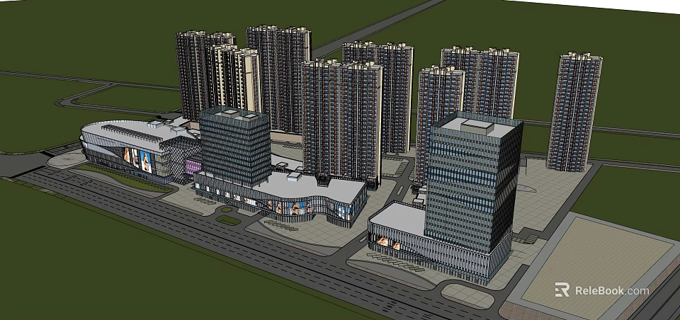 Modern Urban Commercial Street With High Rise Residential And Commercial Buildings And Plaza 3d model 