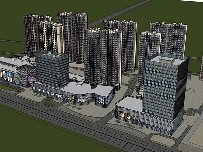 Modern Urban Commercial Street With High Rise Residential And Commercial Buildings And Plaza 3d model