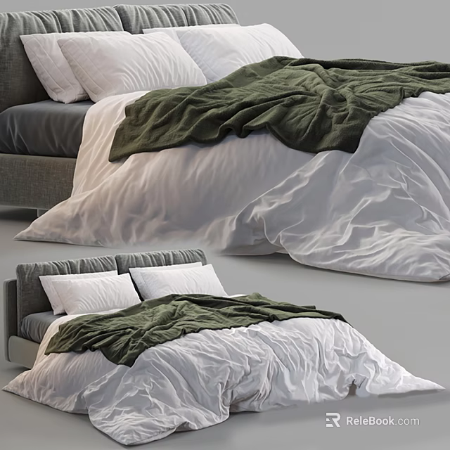 Cozy Double Bed With White Sheets Green Blanket Soft Pillows And Gray Headboard 3d model 