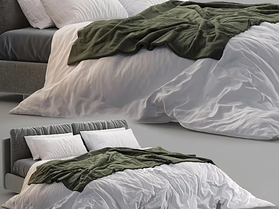Cozy Double Bed With White Sheets Green Blanket Soft Pillows And Gray Headboard 3d model