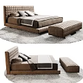 Modern Brown Leather Double Bed With Upholstered Headboard And Bed Bench On Rug 3d model