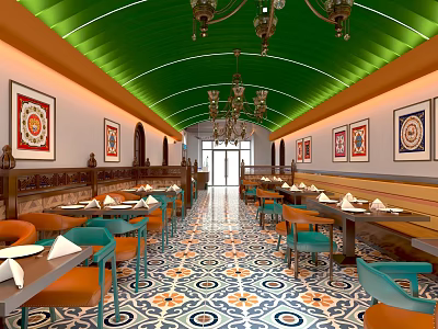 Vibrant Restaurant Interior With Green Arched Ceiling Chandeliers Decorative Paintings And Patterned Floor 3d model