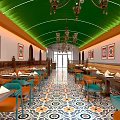 Vibrant Restaurant Interior With Green Arched Ceiling Chandeliers Decorative Paintings And Patterned Floor