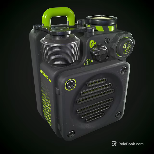 Portable Speaker In Black And Green With Rugged Design Control Knobs And Grilles 3d model