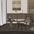 Modern Wooden Frame Woven Lounge Chair In Living Room With Side Table And Area Rug