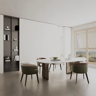 Modern Dining Table Set With White Tabletop Green Chairs And Bookshelf By Window 3d model