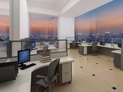 Elegant Office Workspace With Computers Workstations Large Windows And City Sunset View 3d model