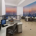 Elegant Office Workspace With Computers Workstations Large Windows And City Sunset View