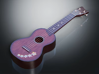 Dark Brown Ukulele With White Flower Decorations On Reflective Dark Background 3d model