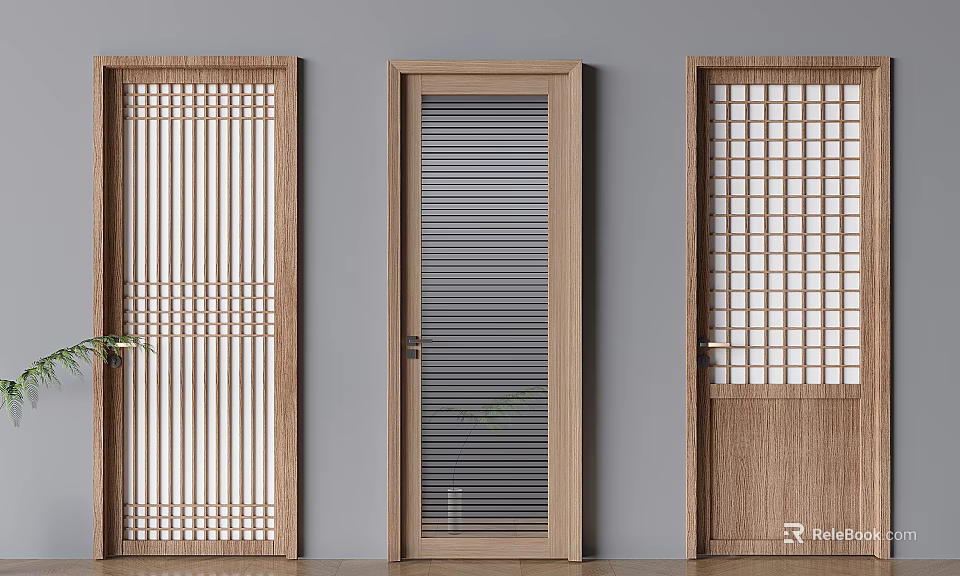 Modern Wooden Swing Doors With Vertical Stripes Louvre And Grid Patterns 3d model