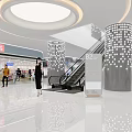 Modern Shopping Mall Atrium With Circular Ceiling Light Polka Dot Pillars And Escalators 3d model
