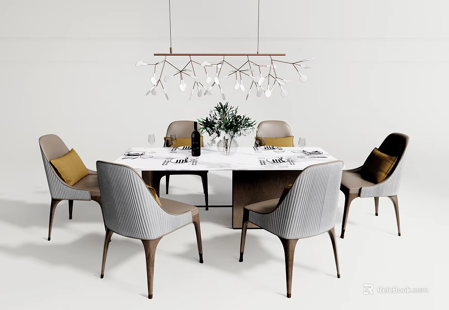 Dining Table Set With Six Gray Wooden Leg Chairs Marble Top Hanging Light Green Plant 3d model 