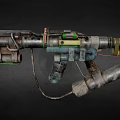 Futuristic Industrial Weapon Featuring Metal Pipes Cables and Colorful Components with Detailed Mechanical Design