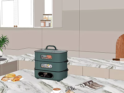 Modern Kitchen Interior With Cabinets Marble Countertop Green Steamer And Food Items 3d model