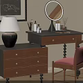 Cozy Wooden Vanity Dresser With Round Mirror Red Chair Table Lamp And Flower Vase