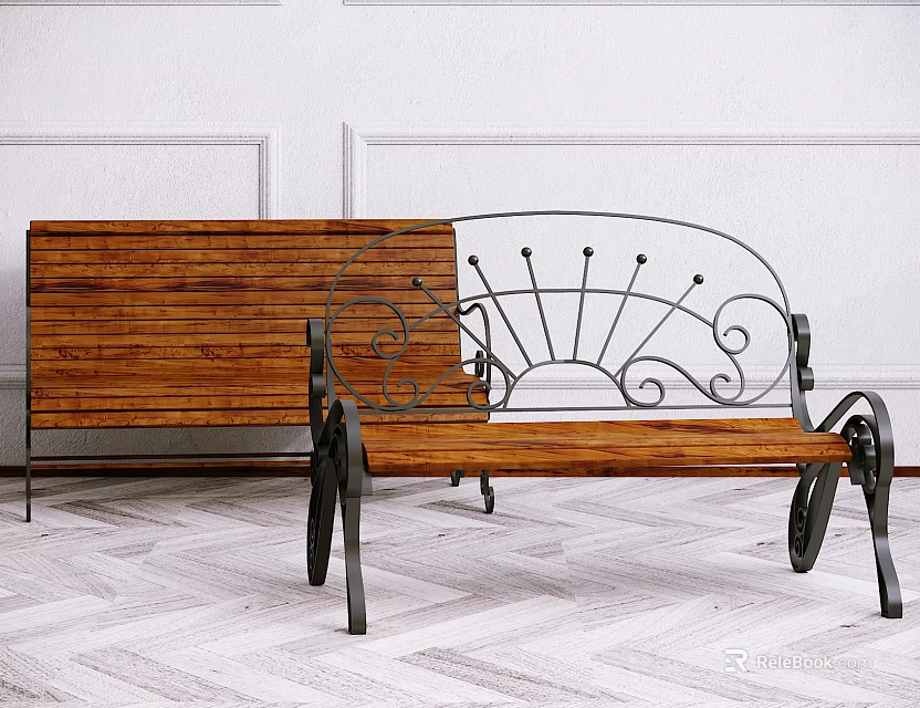 Outdoor Bench With Wooden Seat And Metal Frame Decorative Scrollwork Backrest For Garden 3d model 