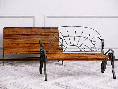 Outdoor Bench With Wooden Seat And Metal Frame Decorative Scrollwork Backrest For Garden 3d model