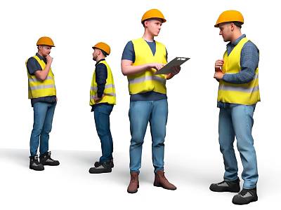 Group of Construction Workers in Yellow Hard Hats and Safety Vests Discussing With Tablet 3d model
