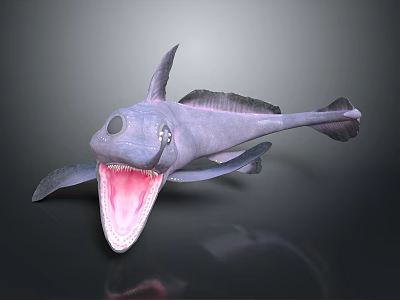 Purple Deep Sea Fish with Large Eyes Open Mouth and Unique Fins Against Dark Background 3d model