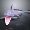 Purple Deep Sea Fish with Large Eyes Open Mouth and Unique Fins Against Dark Background