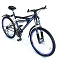 Dark Blue Mountain Bicycle With Black Seat Handlebars Suspension Fork And Blue Rimmed Wheels