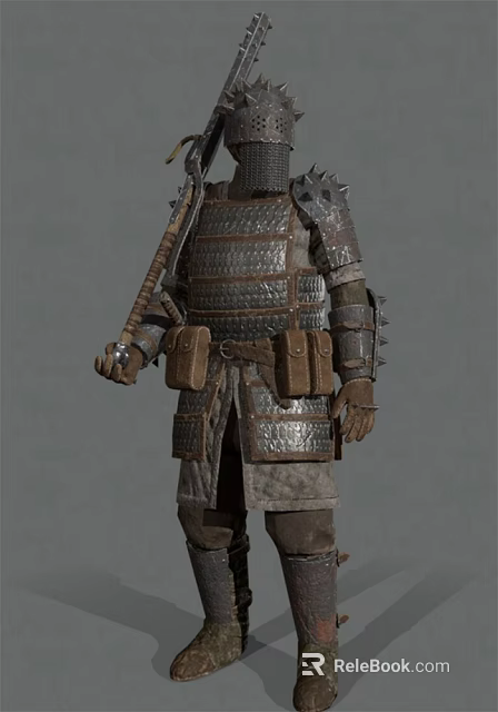Game Movie Character In Spiked Metal Armor With Brown Waist Pouches Holding Weapon 3d model 