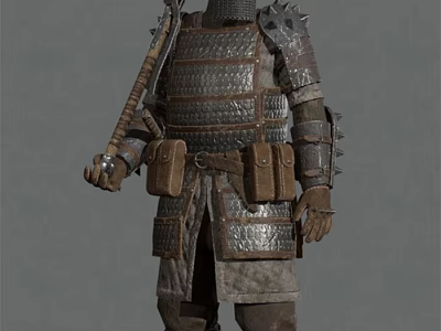 Game Movie Character In Spiked Metal Armor With Brown Waist Pouches Holding Weapon 3d model