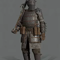 Game Movie Character In Spiked Metal Armor With Brown Waist Pouches Holding Weapon 3d model