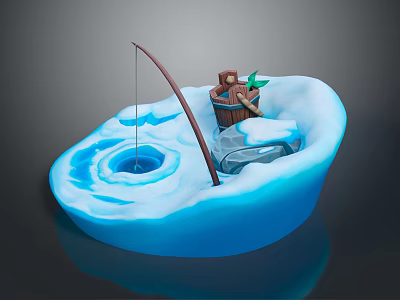 Winter Ice Fishing Landscape With Frozen Lake Hole Fishing Rod And Wooden Bucket 3d model
