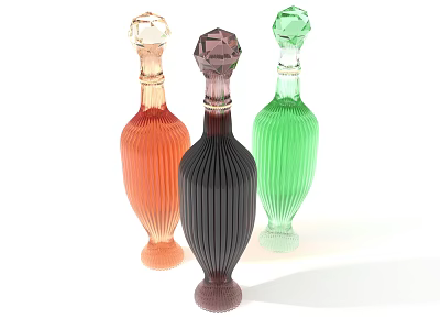 Orange Green and Black Glass Wine Bottles with Striped Design and Jewel Shaped Caps 3d model