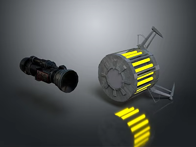 Futuristic Black Cylindrical Device And Circular Mechanical Component With Yellow Stripes 3d model