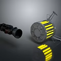 Futuristic Black Cylindrical Device And Circular Mechanical Component With Yellow Stripes