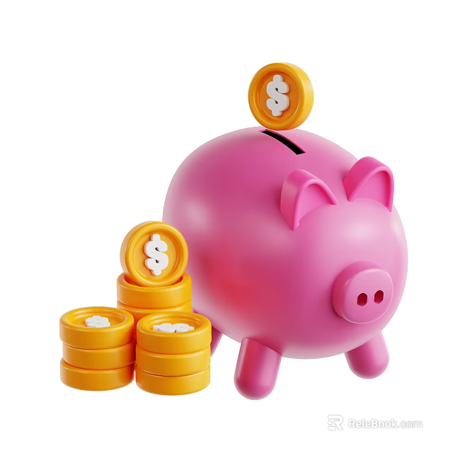 Decorative Ornament Set with Pink Piggy Bank Yellow Coins and Dollar Signs for Home Decor 3d model 