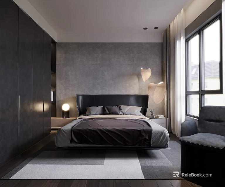 Modern Bedroom Interior With Dark Headboard Bed Built in Wardrobe And Accent Chair 3d model 