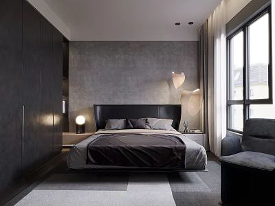 Modern Bedroom Interior With Dark Headboard Bed Built in Wardrobe And Accent Chair 3d model