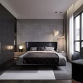 Modern Bedroom Interior With Dark Headboard Bed Built in Wardrobe And Accent Chair