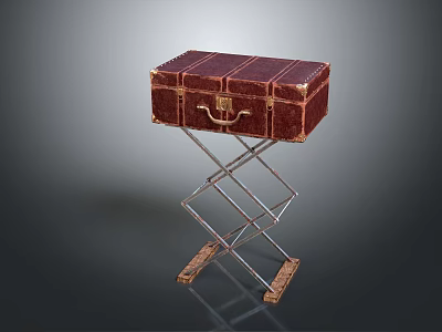 Vintage Red Leather Trunk On Metal Folding Stand With Brass Accents 3d model
