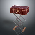 Vintage Red Leather Trunk On Metal Folding Stand With Brass Accents