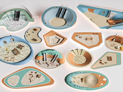 Garden Miniature Designs In Various Shapes With Paths Seats And Greenery 3d model