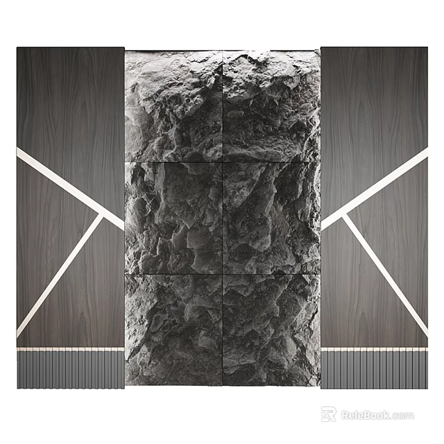 Modern Rough Stone Texture Feature Wall With Wooden Sides Cross Lines And Decorative Surface Design 3d model 