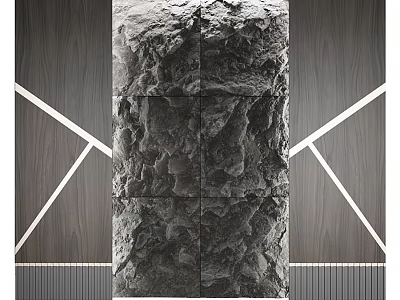 Modern Rough Stone Texture Feature Wall With Wooden Sides Cross Lines And Decorative Surface Design 3d model