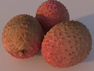 Fresh Three Red Brown Lychees With Rough Textured Skin On Light Background 3d model