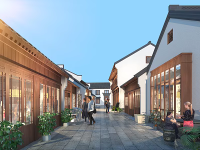 Traditional Modern Commercial Street With Pedestrians Green Plants Storefronts And Stone Paved Path 3d model