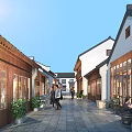 Traditional Modern Commercial Street With Pedestrians Green Plants Storefronts And Stone Paved Path
