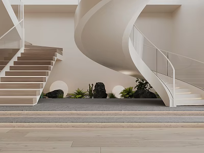 Elegant Modern Staircase Interior With Spiral Design Glass Railing Wooden Steps And Indoor Plants 3d model