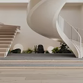 Elegant Modern Staircase Interior With Spiral Design Glass Railing Wooden Steps And Indoor Plants